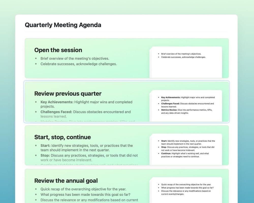 Quarterly meeting agenda template in Craft