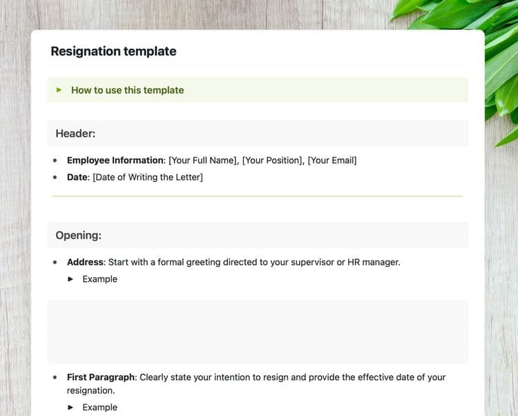 Craft Free Template: Resignation template in Craft showing instructions to use the template and the “Opening” section of the template.