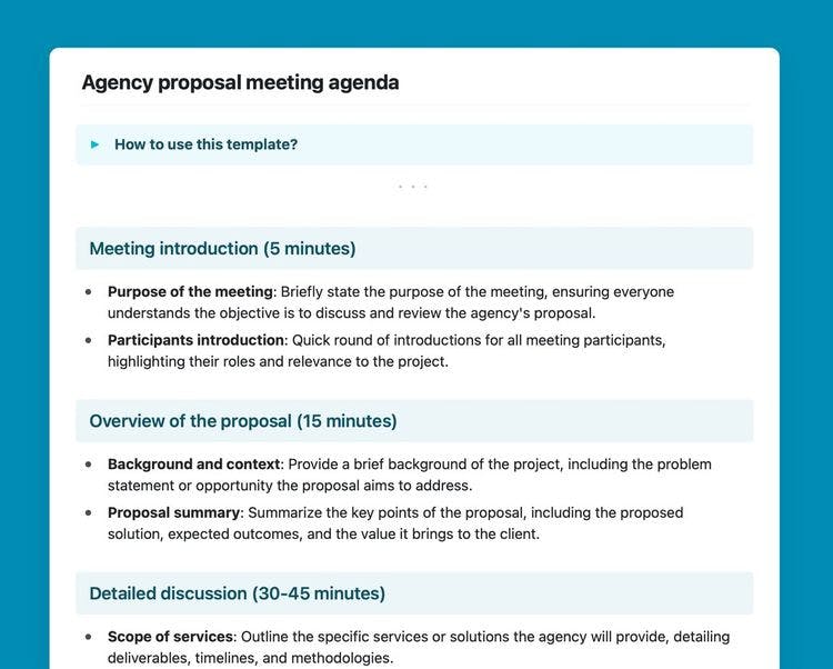 Agency proposal meeting agenda template in Craft.