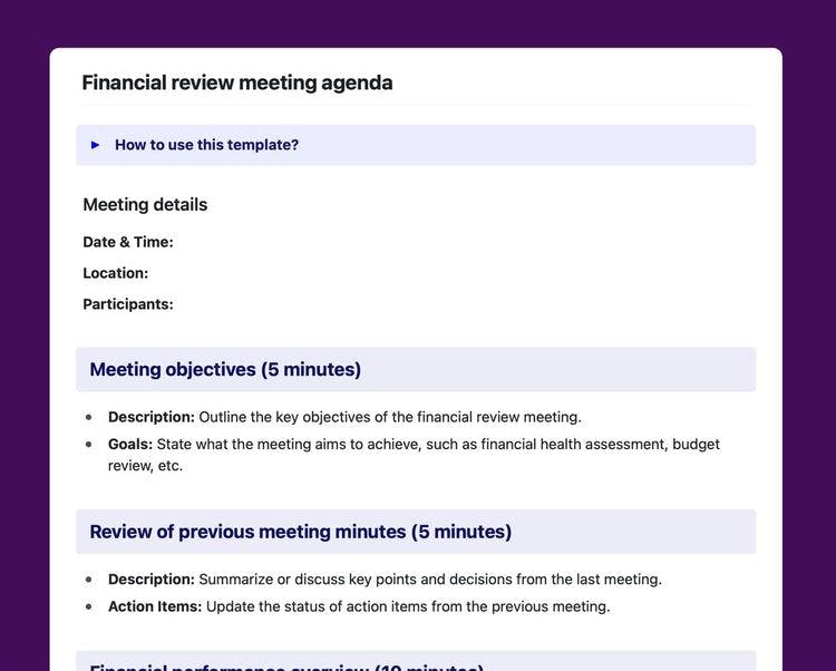 Financial review meeting agenda template in Craft.