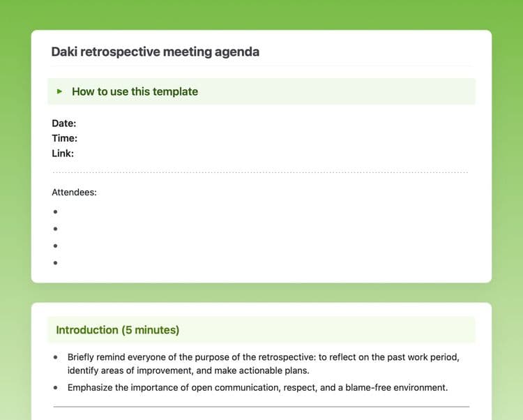 Craft Free Template: The Daki retrospective meeting agenda template followed by how to use it, date, time, link, attendees of the meeting