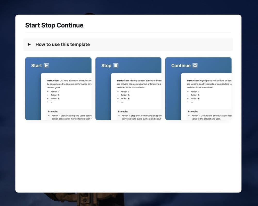Start stop continue retrospective template in Craft