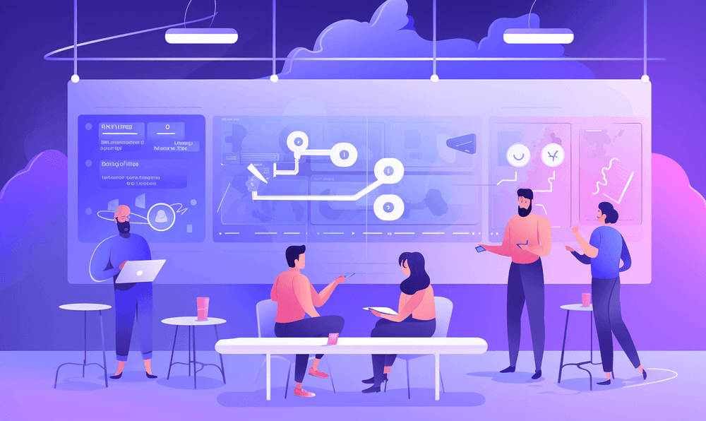 A team having a product roadmap meeting.