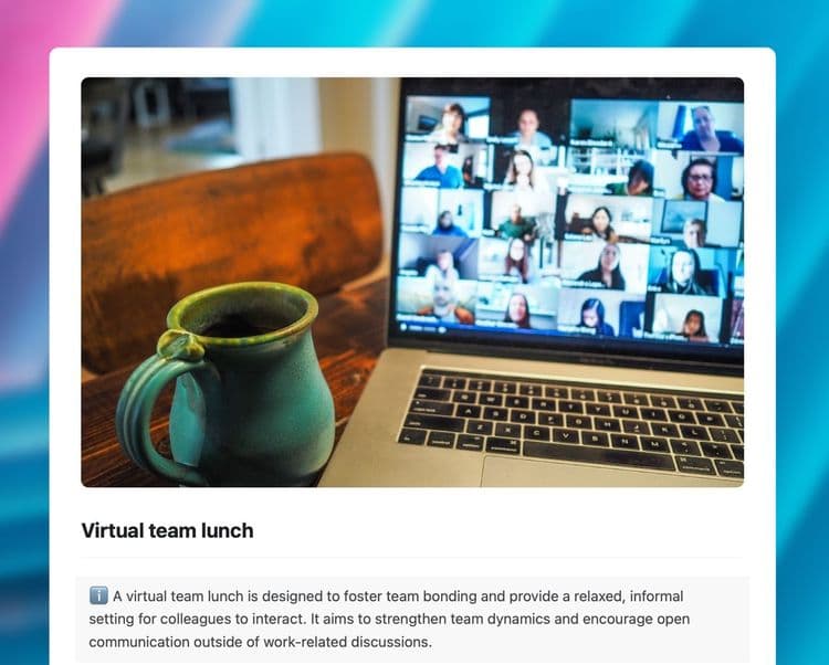 Virtual team lunch template in Craft showing instructions.