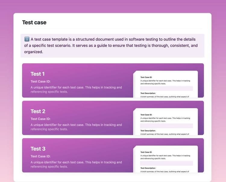 Test case template in Craft showing instructions and three test sections.