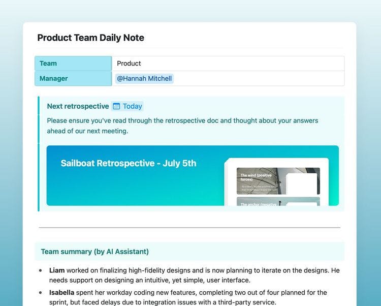 Craft Free Template: Preview of a Product Team Daily Note