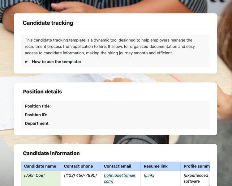 Candidate tracking template in Craft showing instructions, position details and candidate information.