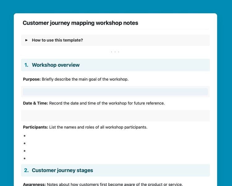 Customer journey mapping workshop notes template in Craft.