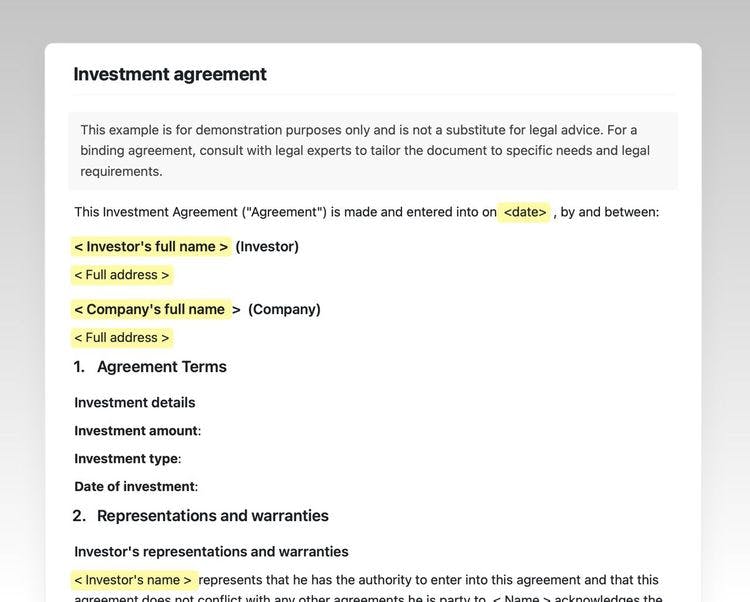 Investment agreement template in Craft showing the contents of the agreement.