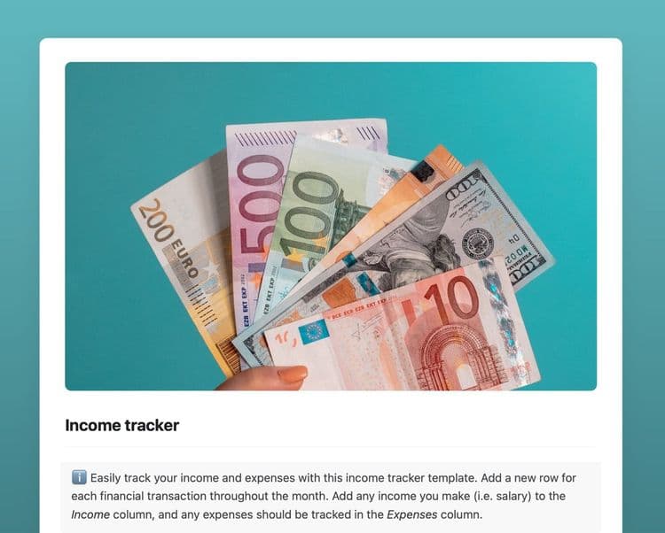 Craft Free Template: Income tracker template in Craft showing instructions.