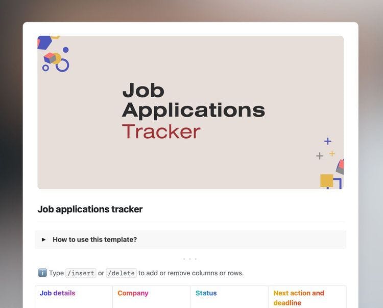 Craft Free Template: Job applications tracker template in Craft showing instructions and tracking table.