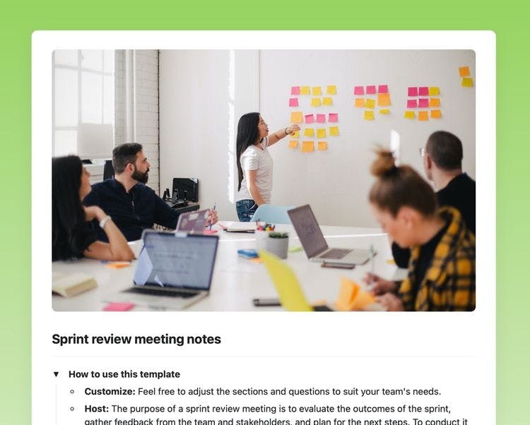 Craft Free Template: Craft’s Sprint review meeting notes, with an image of a team meeting using their laptops and a whiteboard with sticky notes on it, and instructions.