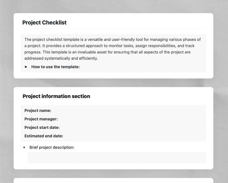 Project checklist in craft