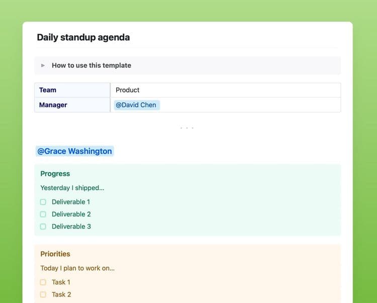 Craft Free Template: Daily standup agenda template on Craft