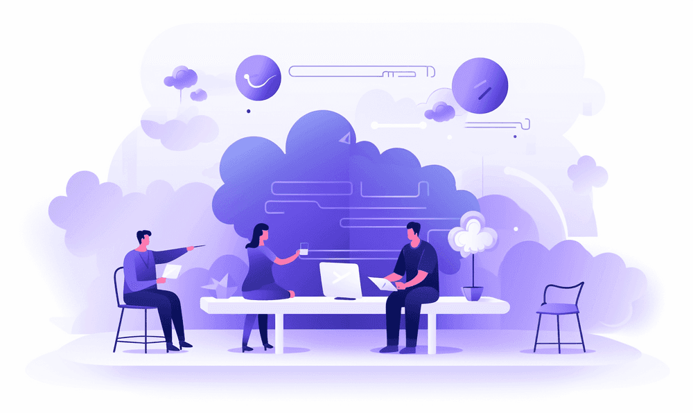 Illustration resembling a FLAP retrospective meeting showing three colleagues chatting