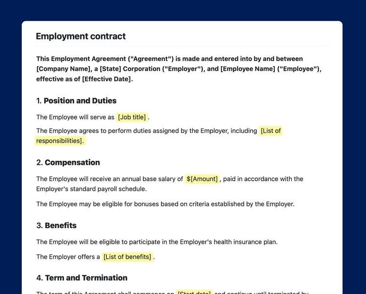 Employment contract template in Craft showing customizable contents of the contract.