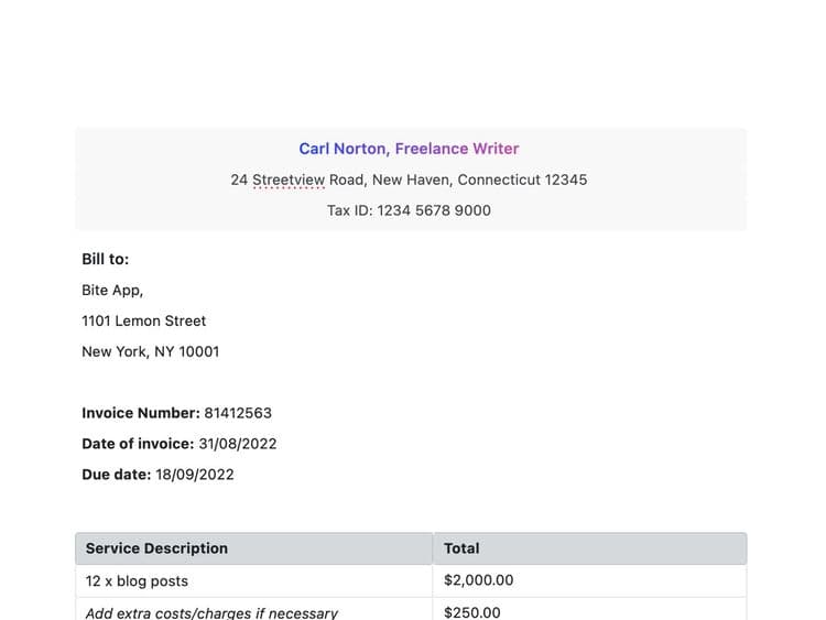 Craft Free Template: Freelance Invoice Template