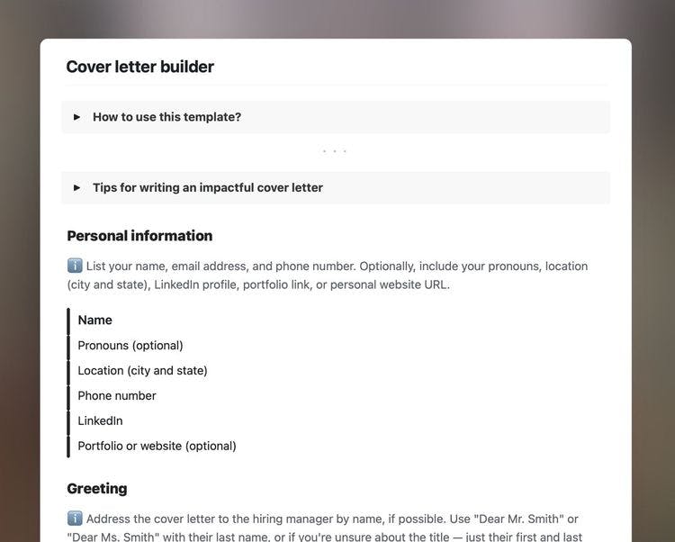 Craft Free Template: Cover letter builder template in Craft showing instructions, and personal information section.