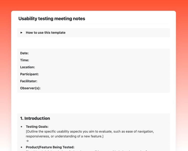 Craft Free Template: Usability testing meeting notes template in Craft showing instructions, meeting information, and introduction.