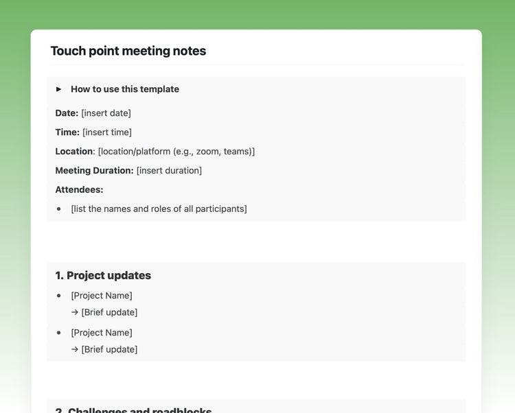 Touch point meeting notes template in Craft showing instructions and the project update section.