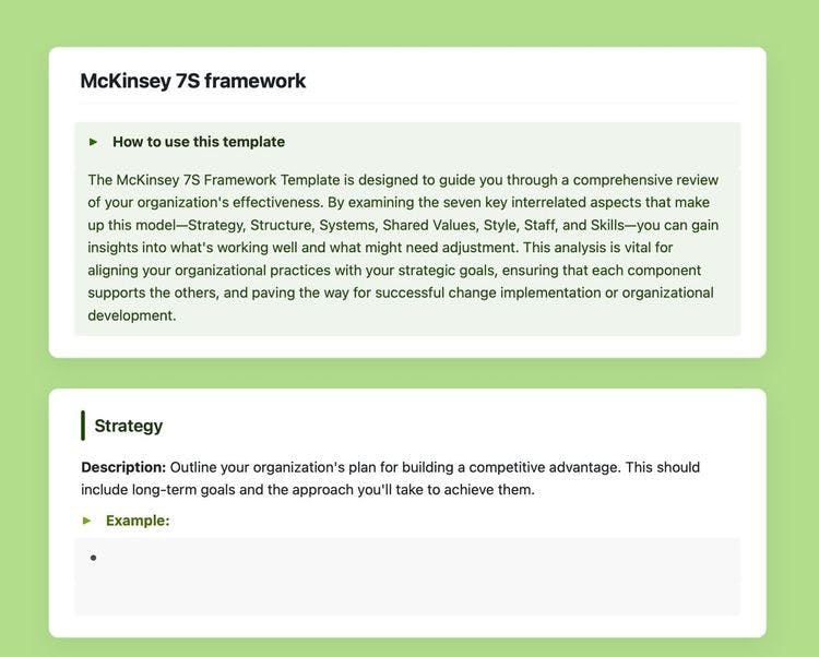 Craft Free Template: Mckinsey 7s framework template in craft showing instructions and the strategy section.