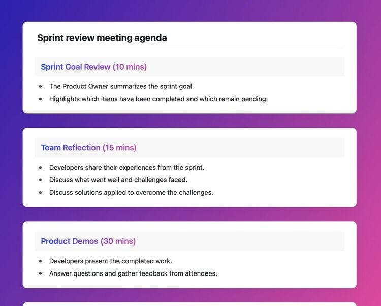 Sprint review meeting agenda template in Craft