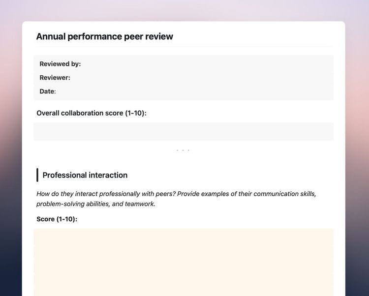 Annual performance peer review template in Craft showing the overview and professional interaction sections.