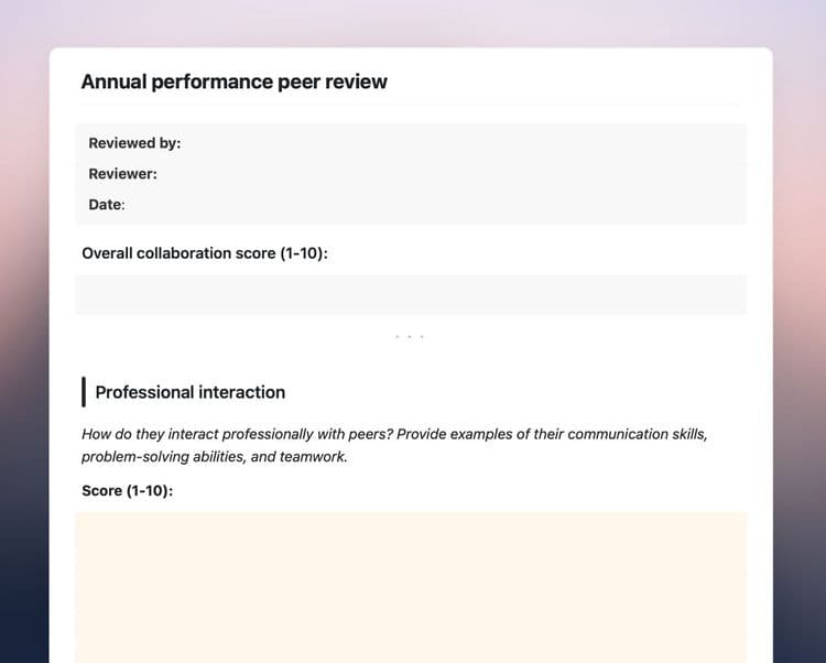 Annual performance peer review template in Craft showing the overview and professional interaction sections.