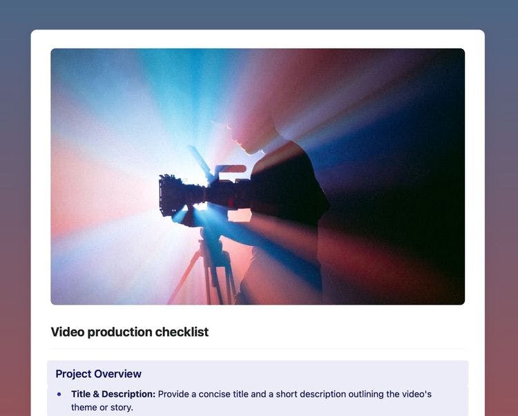 Video production checklist template in Craft showing instructions.