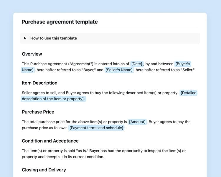 Craft Free Template: Purchase agreement template in Craft showing instructions.