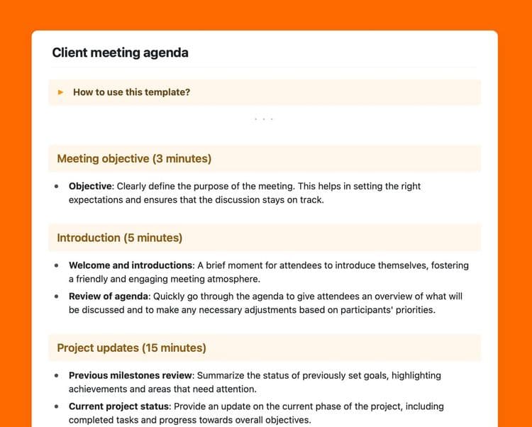 Craft Free Template: Client meeting agenda template in Craft showing instructions.