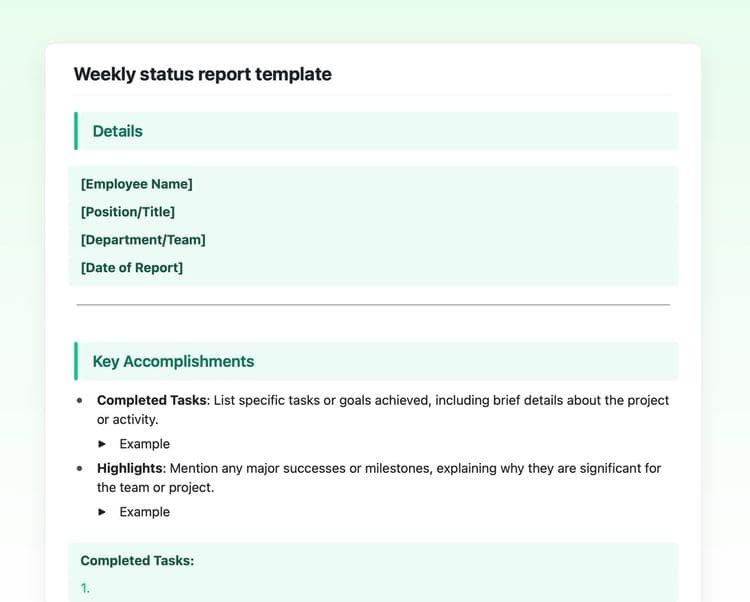 Craft Free Template: Weekly status report in craft