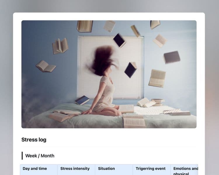 Craft Free Template: Stress log template in Craft showing the weekly/monthly log.