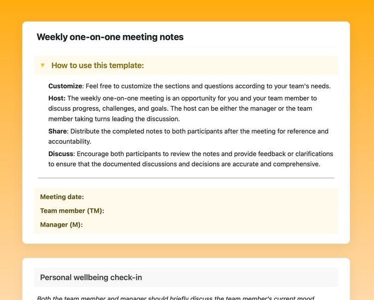 Craft Free Template: Weekly one-on-one meeting notes in Craft showing instructions to use the template and the “personal wellbeing check-in” section.