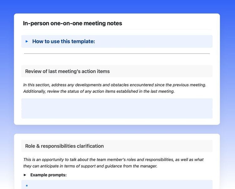 Craft Free Template: In-person one-on-one meeting notes in Craft showing instructions, and the first two sections.