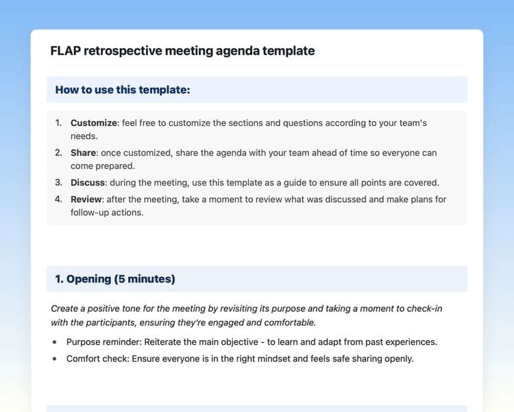 Craft Free Template: Flap retrospective meeting agenda in Craft showing instructions, opening, and gather data sections.