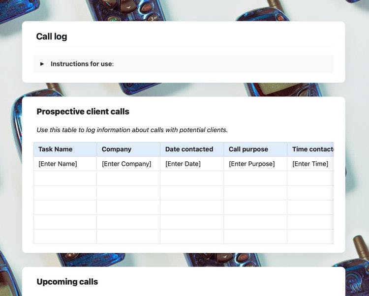 Craft Free Template: Call log template in Craft showing instructions and prospective client calls.