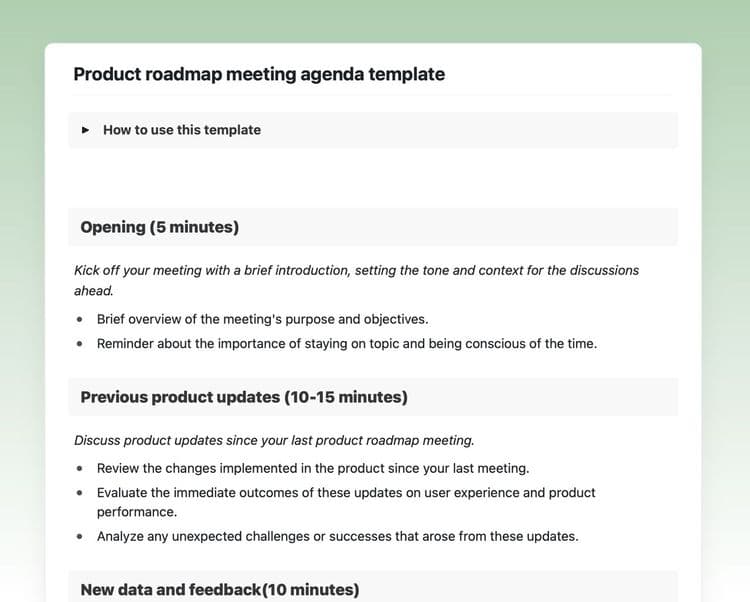 Craft Free Template: Product roadmap meeting agenda template in Craft showing instructions, opening, and product updates sections. 