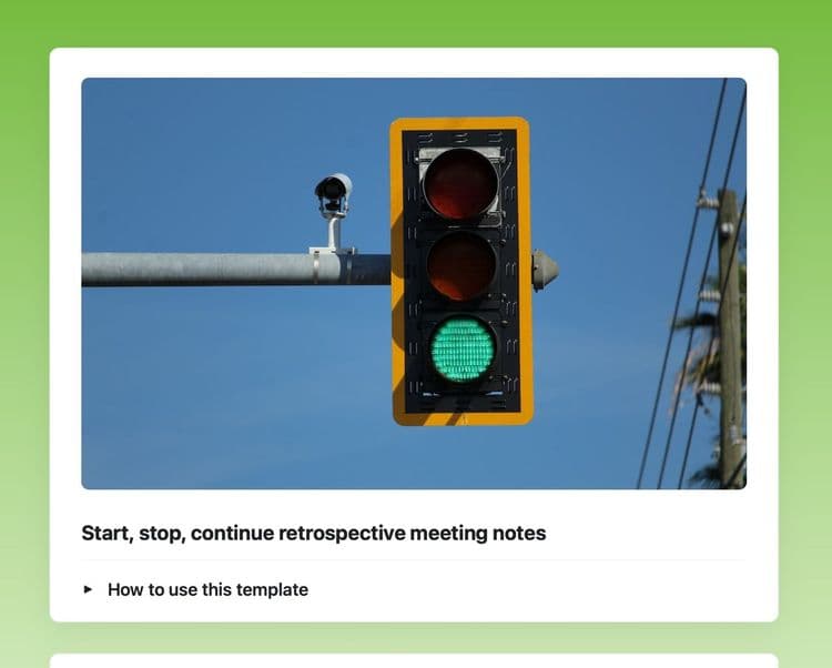 Start, stop, continue retrospective meeting notes in Craft showing an image of traffic lights and instructions to use the template.