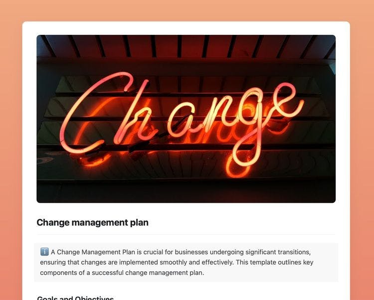 Change management plan template in Craft showing instructions.