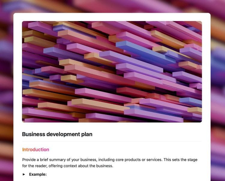 Business development plan template in Craft showing instructions.