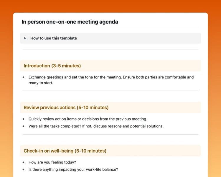In person one-on-one meeting agenda template in Craft showing instructions, and introduction and review previews actions sections.