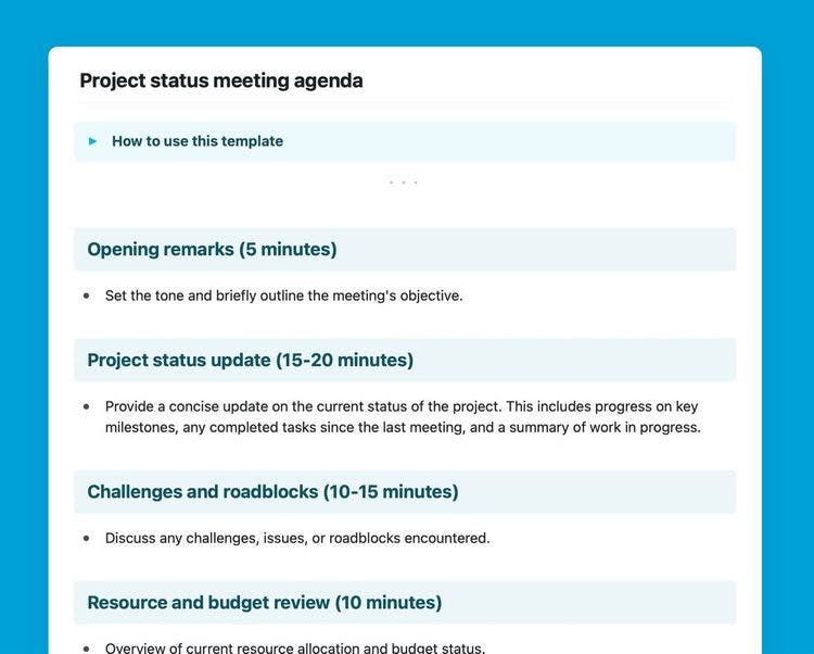 Project status meeting agenda template in Craft.