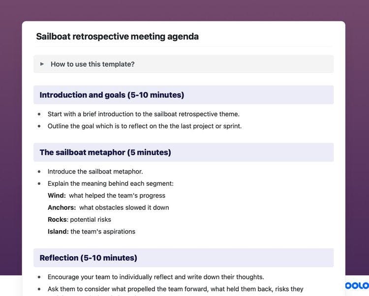 Craft Free Template: Boost your team's performance and improve your retrospective meetings with this sailboat retrospective meeting agenda. Collect valuable insights, drive discussions, and get better results on your next project. 