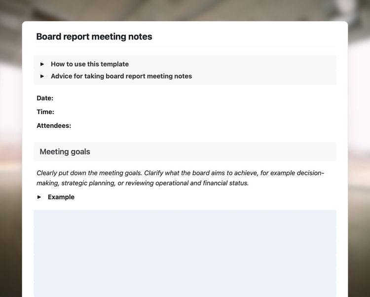 Craft Free Template: Board report meeting notes template showing tips and instructions, and the meeting goals section with examples.