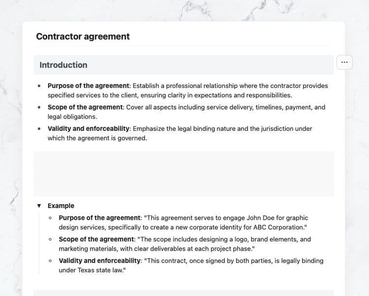 Contractor agreement in Craft