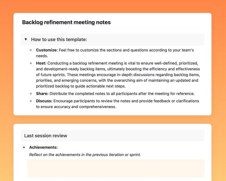 Craft Free Template: Backlog refinement meeting notes in Craft showing instructions to use the template and the “Last session review” section.