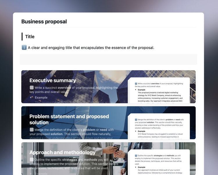 Business proposal template in Craft showing instructions and sections of the proposal.