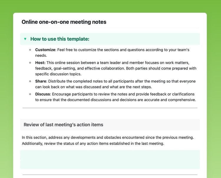 Craft Free Template: Online one-on-one meeting notes in Craft showing instructions to use the template and the “Review of last meeting’s action items” section.
