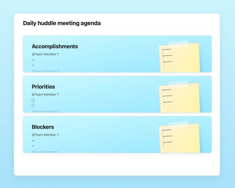Daily huddle meeting agenda template in Craft